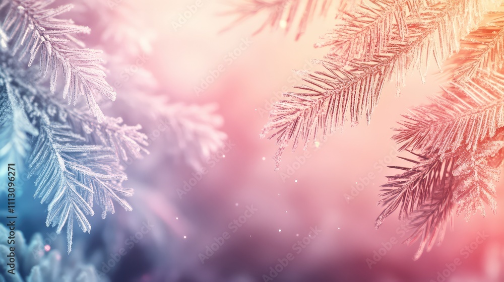 Poster frosty evergreen branches with soft color background and sparkles