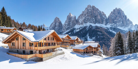 A serene alpine village nestled in a valley, with wooden chalets surrounded by snow-capped mountains and a clear blue sky. The peaceful and picturesque setting feels timeless.