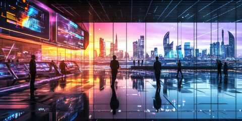 A futuristic airport terminal with glowing holograms, sleek passenger pods, and expansive windows showcasing a vibrant skyline. The advanced design captures innovation and progress.