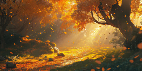 A vibrant autumn forest with golden leaves, winding trails, and sunlight filtering through the trees. The warm and nostalgic atmosphere captures the beauty of fall.