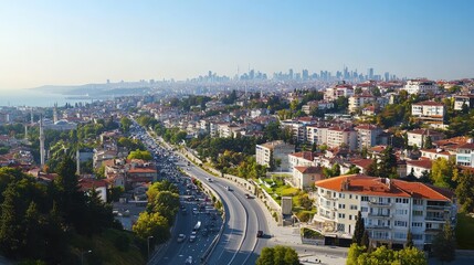 Obraz premium Panoramic Cityscape View Overlooking Urban Landscape at Sunset