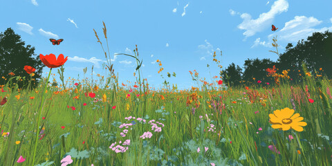 A vibrant summer meadow filled with wildflowers, butterflies fluttering, and a clear blue sky. The cheerful and lively setting embodies the essence of warm, sunny days.