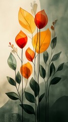  Abstract watercolor floral illustration with vibrant red and orange leaves on soft textured background