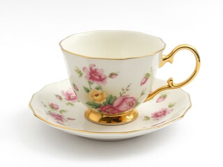  A porcelain tea cup with a delicate floral print and a gold handle, inspired by vintage English tea sets. The cup is centered on a white background.