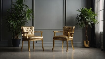 Fototapeta premium Elegant interior with gold chair and greenery decor