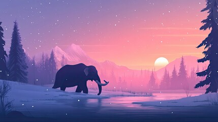 Fototapeta premium Woolly Mammoth at Sunset in a Snowy Winter Landscape