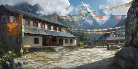 A tranquil monastery in the mountains with prayer flags fluttering in the wind, a peaceful courtyard, and stunning peaks surrounding the serene setting. The spiritual atmosphere feels timeless.