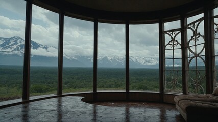 Empty room overlooking a scenic outdoor view