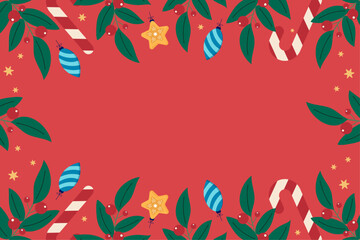 Holiday border with decorative ornaments and floral elements. Red winter background with candy canes, ornaments, branches, berries. Vector illustration.