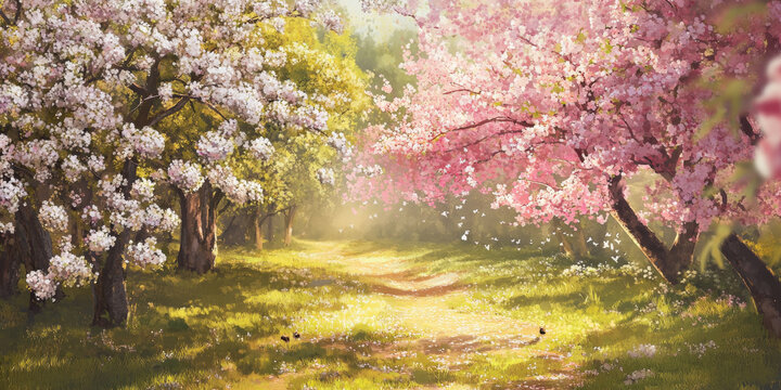 A tranquil orchard in full bloom with pink and white blossoms, bees buzzing, and soft sunlight casting dappled shadows on the ground. The peaceful setting captures the essence of spring.