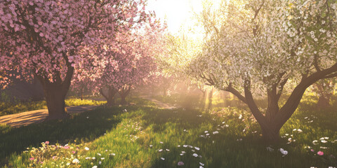 Fototapeta premium A tranquil orchard in full bloom with pink and white blossoms, bees buzzing, and soft sunlight casting dappled shadows on the ground. The peaceful setting captures the essence of spring.