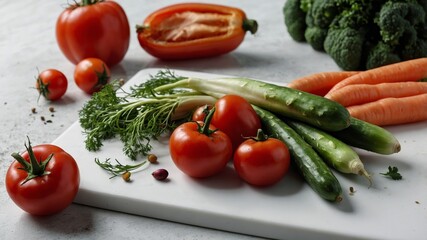 Fresh organic vegetables on white cutting board