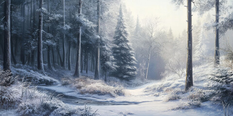 A serene alpine forest in winter, with snow-covered trees, a frozen stream winding through the landscape, and soft sunlight illuminating the frosty scene. The tranquil setting feels pure and magical.
