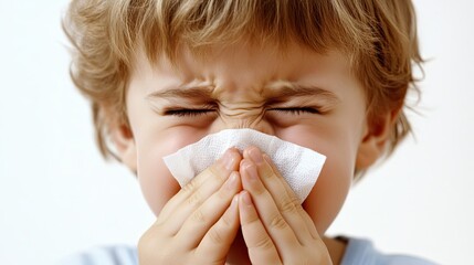 Young Boy Blowing His Nose With Tissue