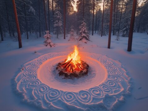 Majestic bonfire in snowy forest. Patterned snow design surrounds fire pit. Winter scene ideal for Yule ritual concept. Festive pagan Christmas, New Year banner. Cozy scene in nature. Warm fire