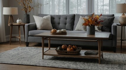 Light living room with grey sofa and fall decorations