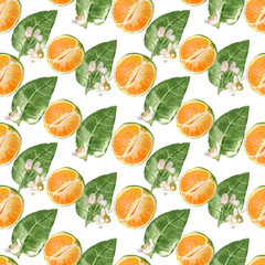 Green orange fruits and flowers watercolor seamless pattern isolated on white. High quality hand drawn clip art perfect for food design, packages, backgrounds, cards, textile, label, wrapping paper