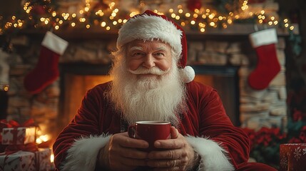Santa Claus with cup of hot cocoa and cookie in room on Christmas eve