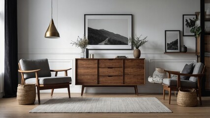 Living room interior with frame and wooden commode
