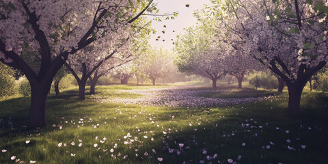 A serene orchard in spring with fruit trees in full bloom, petals scattered on the ground, and bees buzzing around the blossoms. The tranquil setting feels vibrant and alive.
