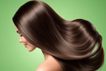 Fototapeta premium A woman with long, glossy hair is captured against a vibrant green background, showcasing sleek, healthy locks flowing gracefully.