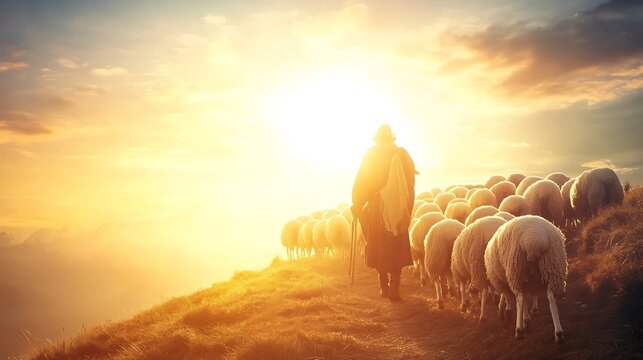 a shepherd guiding his flock of sheep with beautiful sunset background, symbolizing protection and guidance