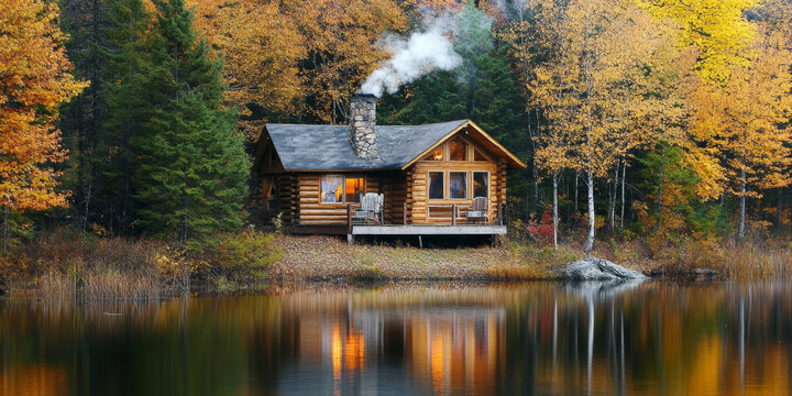 A cozy lakeside cabin surrounded by autumn trees with golden leaves, smoke rising from the chimney, and reflections in the still water. The warm and nostalgic setting feels inviting.