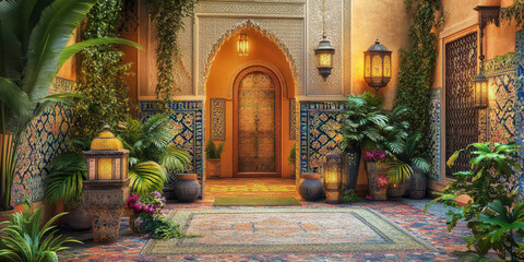 A vibrant Moroccan courtyard with colorful tiles, lush plants, and ornate lanterns casting warm light. The intricate details and inviting setting capture cultural beauty.