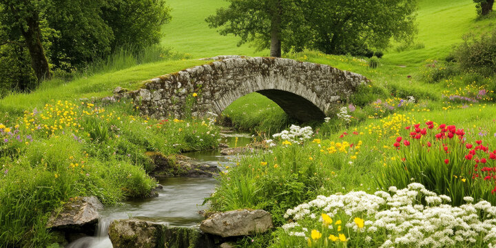 A serene countryside in spring with rolling green hills, blooming wildflowers, and a small stone bridge over a babbling brook. The peaceful and idyllic setting evokes timeless beauty.