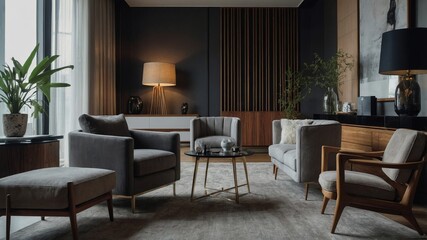 Fototapeta premium Modern living room with armchair and dining area