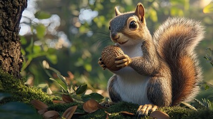 Fototapeta premium A Squirrel Holds A Pine Cone In A Forest Setting