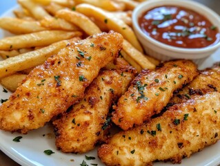 A plate of crispy fried fish fillets with fries and dipping sauce.