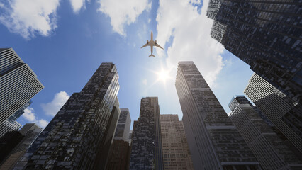 Plane flying over a city skyline


