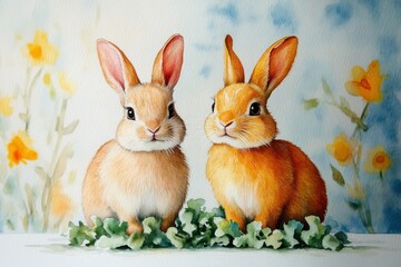 Two cute rabbits sitting on green leaves with flowers in the background.
