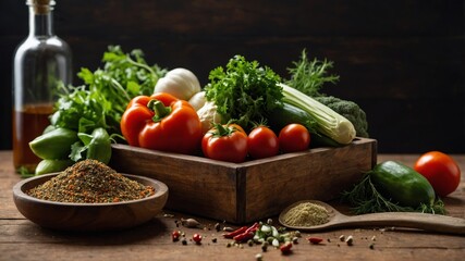 Organic vegetables arranged with herbs and spices