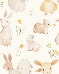 Fototapeta premium Cute Whimsical Watercolor Baby Animals Pattern