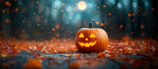 Illuminated Jack O Lantern Amidst Autumn Leaves