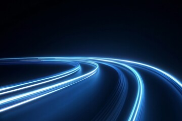 Curved glowing neon blue light trails on dark background