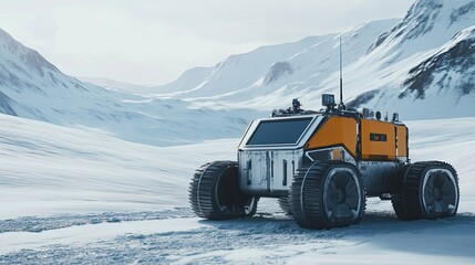 Futuristic Vehicle Navigates Snowy Mountain Landscape