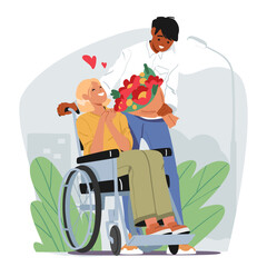 Young enamored guy giving flower bouquet for girlfriend sitting in wheelchair on first date