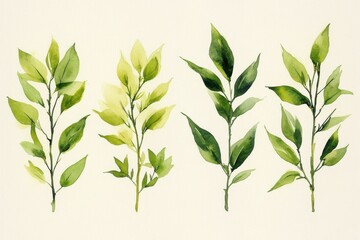 Fototapeta premium Watercolor illustration of various green leaves and branches.