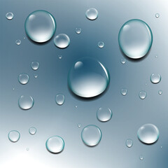Realistic transparent water drops with blue and white background