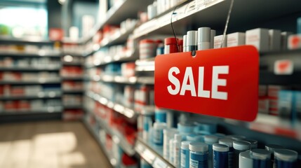 Sale promotion tag in drug store.