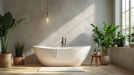 Minimalist bathroom interior with a freestanding tub and plants