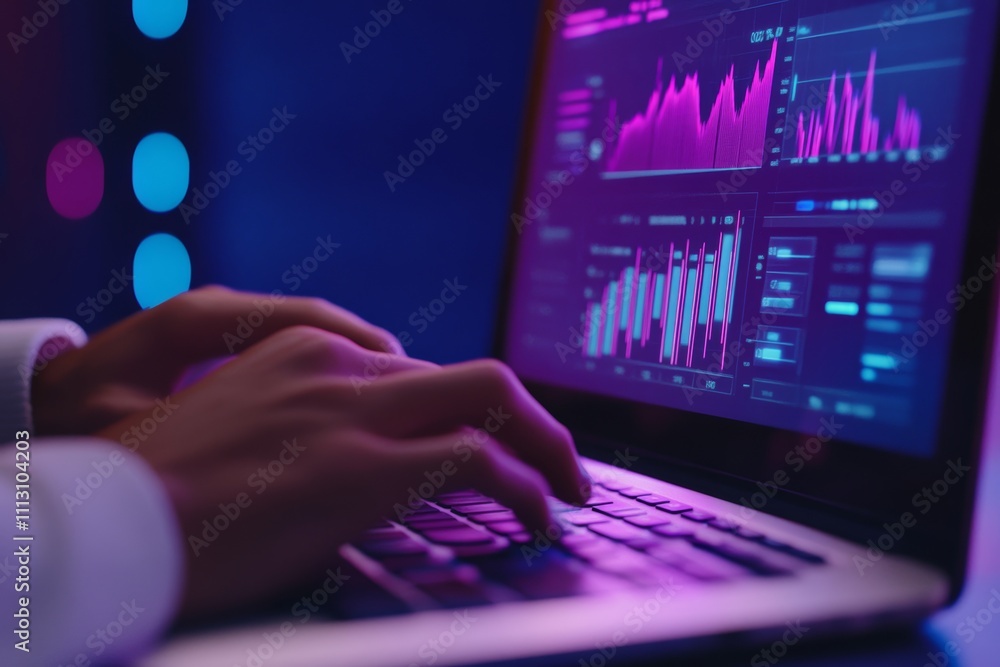 Poster hands on keyboard analyzing graphs on screen with purple glow in dimly lit room
