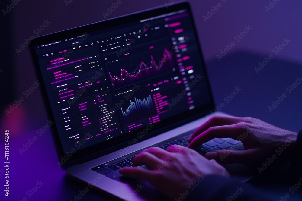 Poster analyzing financial data on a laptop with interactive charts in low light
