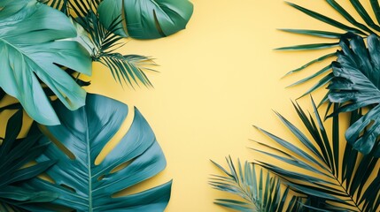 Tropical green leaves on a vibrant yellow background