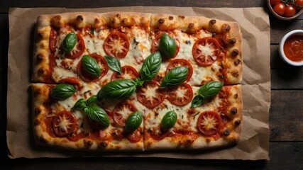 Top view of square margherita pizza on display