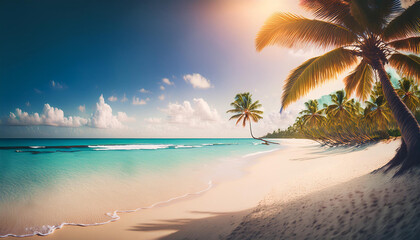 Obraz premium Serene tropical beach with soft, white sand gently meeting the turquoise ocean