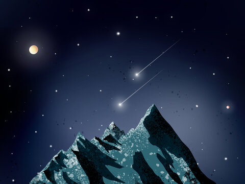 Moon with comets over snowy mountains